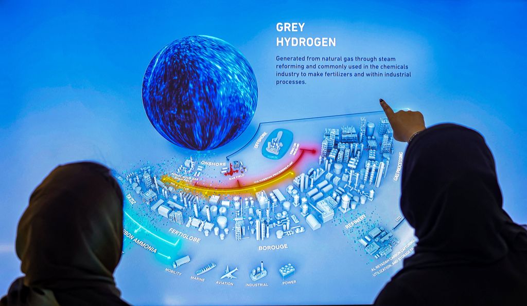 An infographic about grey hydrogen, produced from natural gas, on display at the UAE pavilion during the COP27 climate conference last year in Sharm el-Sheikh, Egypt (Fayez Nureldine/AFP via Getty Images)