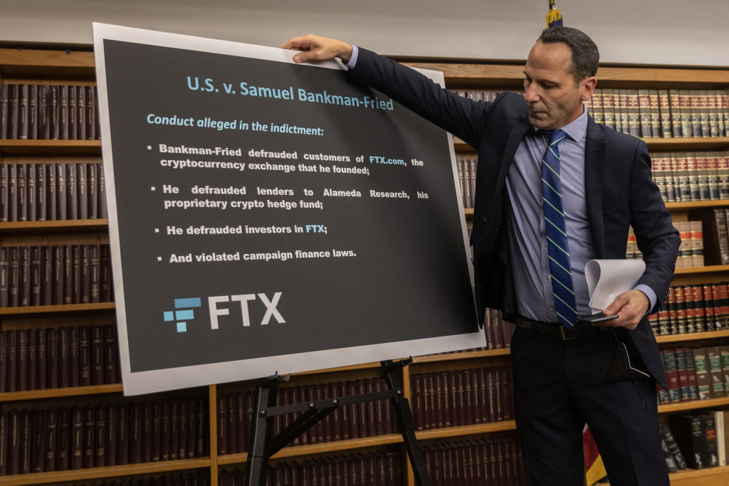 A news conference at the US Attorney's Office-Southern District of New York on Tuesday after FTX founder Sam Bankman-Fried was charged with eight criminal counts related to the collapse of his cryptocurrency empire (Jeenah Moon/Bloomberg via Getty Images)