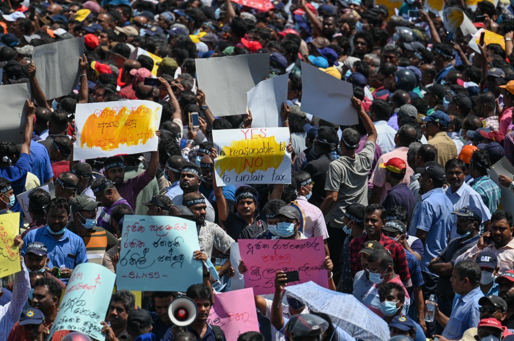 Members of Sri Lanka ports' trade union this month take part in an anti-government protest to propose tax reforms (Ishara S. Kodikara/AFP via Getty Images)