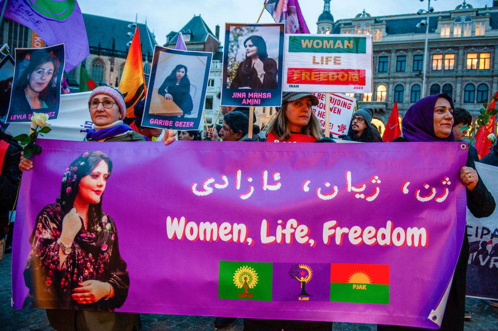 Women demonstrate in Amsterdam to show solidarity with Iranians and mark International Women's Day, 8 March 2023 (Ana Fernandez via Getty Images)
