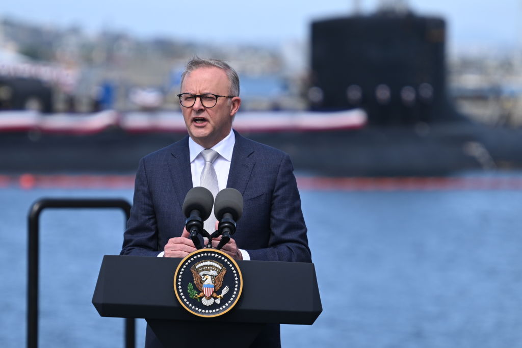 Australian Prime Minister Anthony Albanese during the AUKUS announcement on 13 March along with US President Joe Biden and British Prime Minister Rishi Sunak in San Diego, California (Leon Neal/Getty Images)