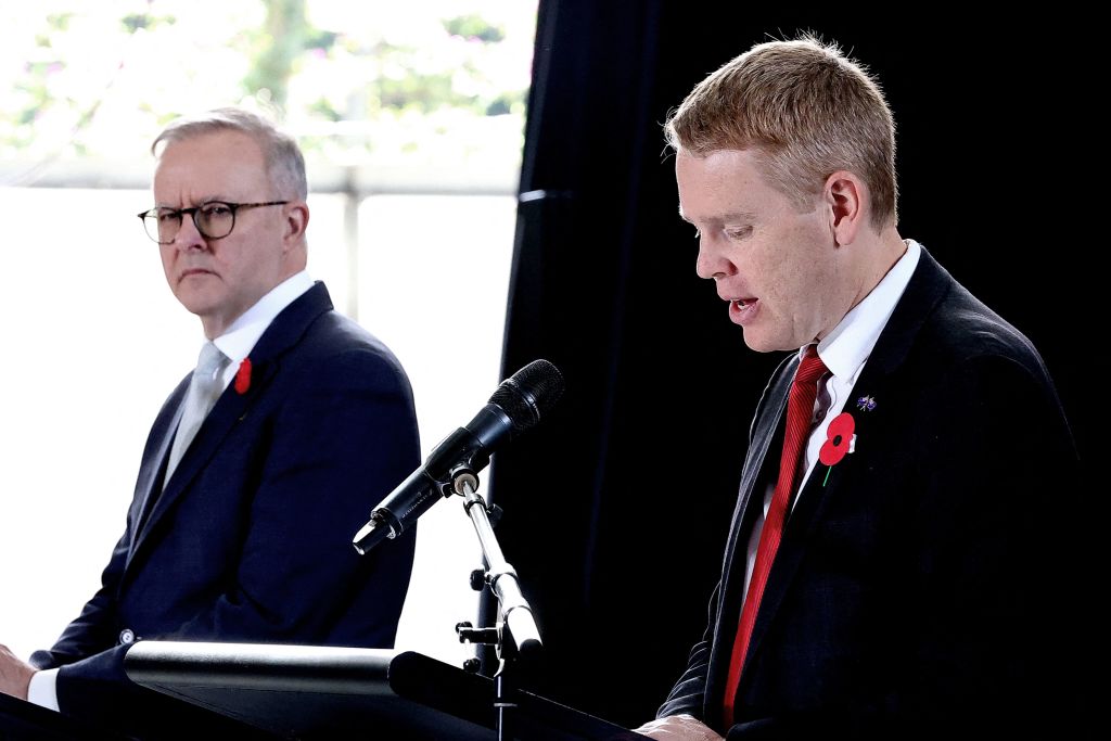 Australian Prime Minister Anthony Albanese and New Zealand Prime Minister Chris Hipkins in Brisbane this week. (Pat Hoelscher/AFP via Getty Images)
