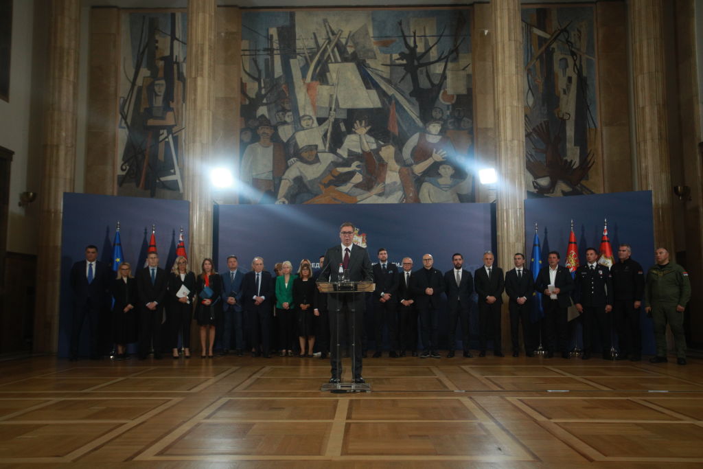 Serbian President Aleksandar Vucic announces weapons and ammunition controls as well as increased police presence around schools in the wake of two mass shootings (Milos Miskov/Anadolu Agency via Getty Images)