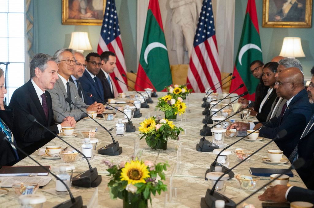 USSecretary of State Antony Blinken, left, speaks with Maldivian Foreign Minister Abdulla Shahid last month at the State Department in Washington DC (Kevin Wolf/AFP via Getty Images)