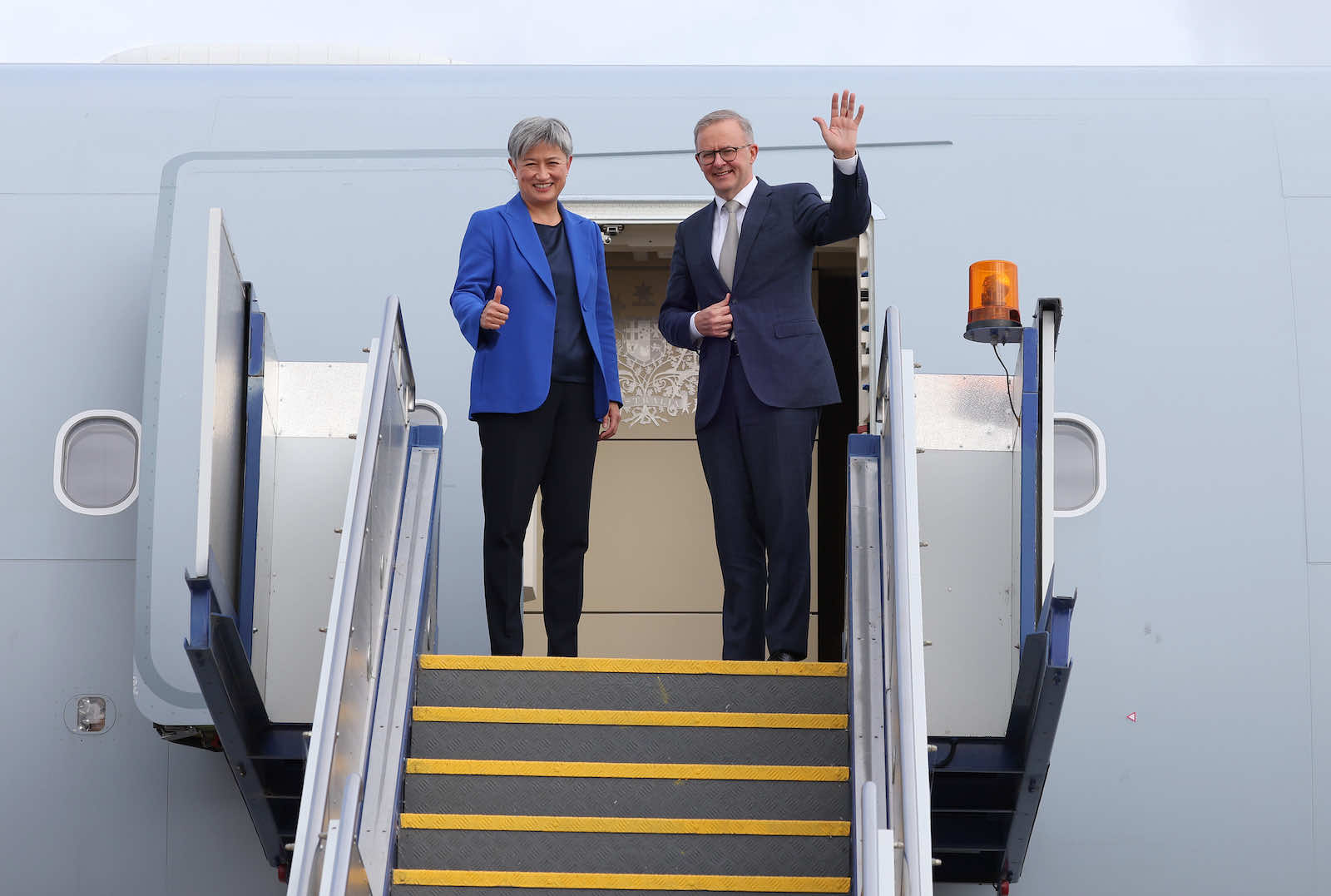 Prime Minister Anthony Albanese with newly appointed Foreign Minister Penny Wong ahead of their first official overseas travel, to Tokyo for the Quad meeting (David Gray/Getty Images)