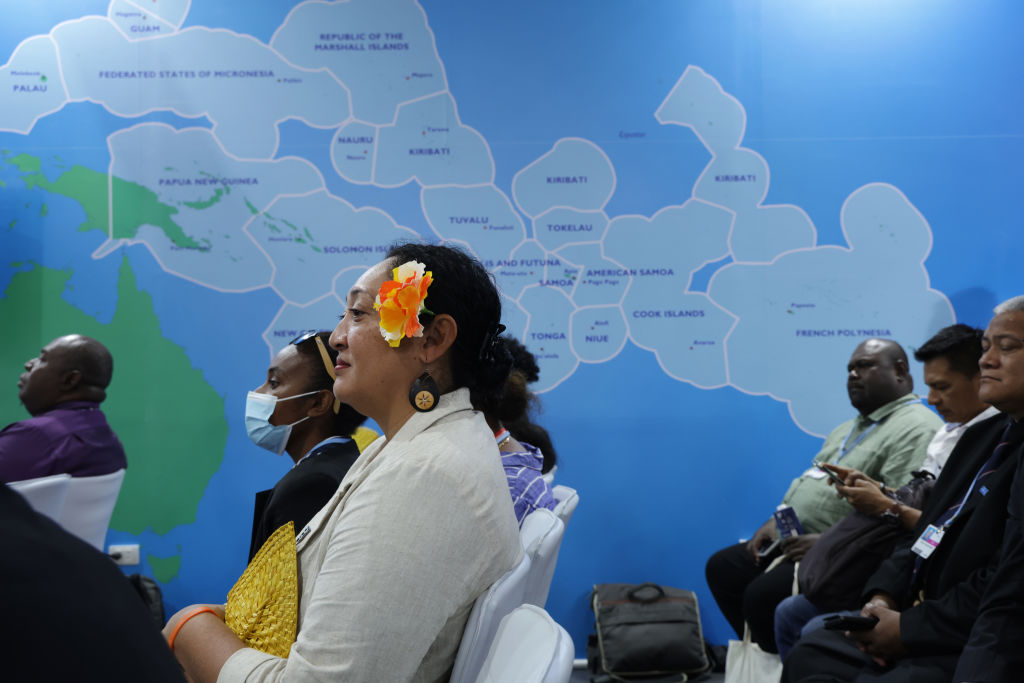 Participants at a panel discussion at a pavilion representing island nations of the Pacific Ocean at the UNFCCC COP27 climate conference, Sharm El Sheikh, Egypt, in November (Sean Gallup/Getty Images)