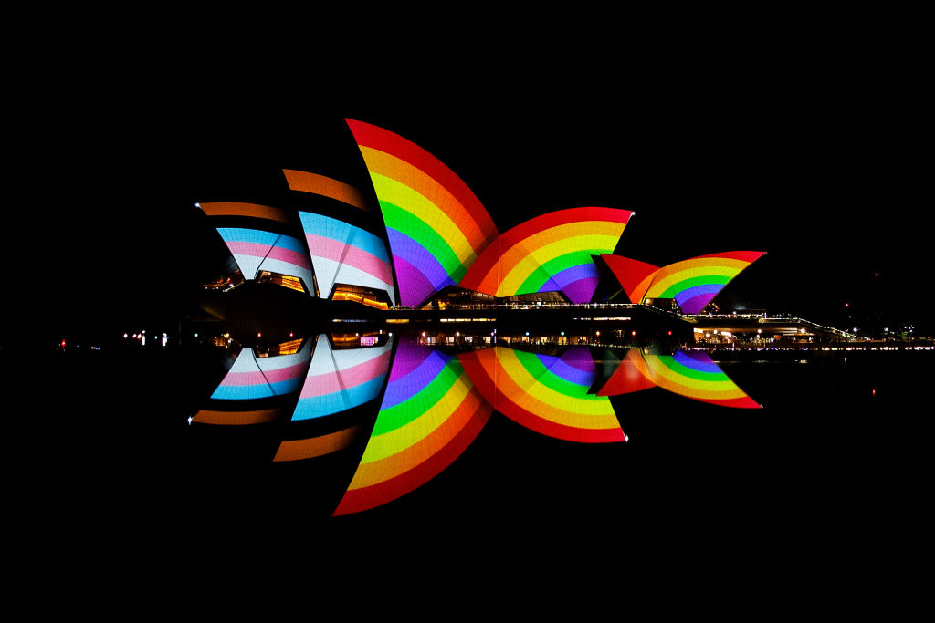 The Progress Pride Flag illuminates the Sydney Opera House on 17 February (Brendon Thorne/Getty Images)