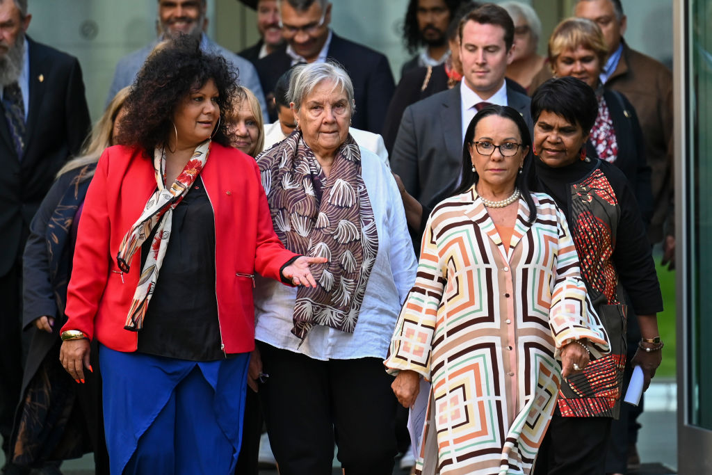 Assistant Minister for Indigenous Australians Senator Malarndirri McCarthy, left, Pat Anderson, Minister for Indigenous Australians Linda Burney and Marion Scrymgour MP outside parliament in March (Martin Ollman/Getty Images) 