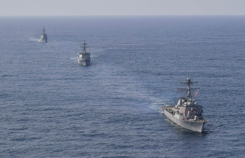 Warships from Japan, South Korea and the United States during joint naval drills in April (South Korean Defence Ministry via Getty Images)