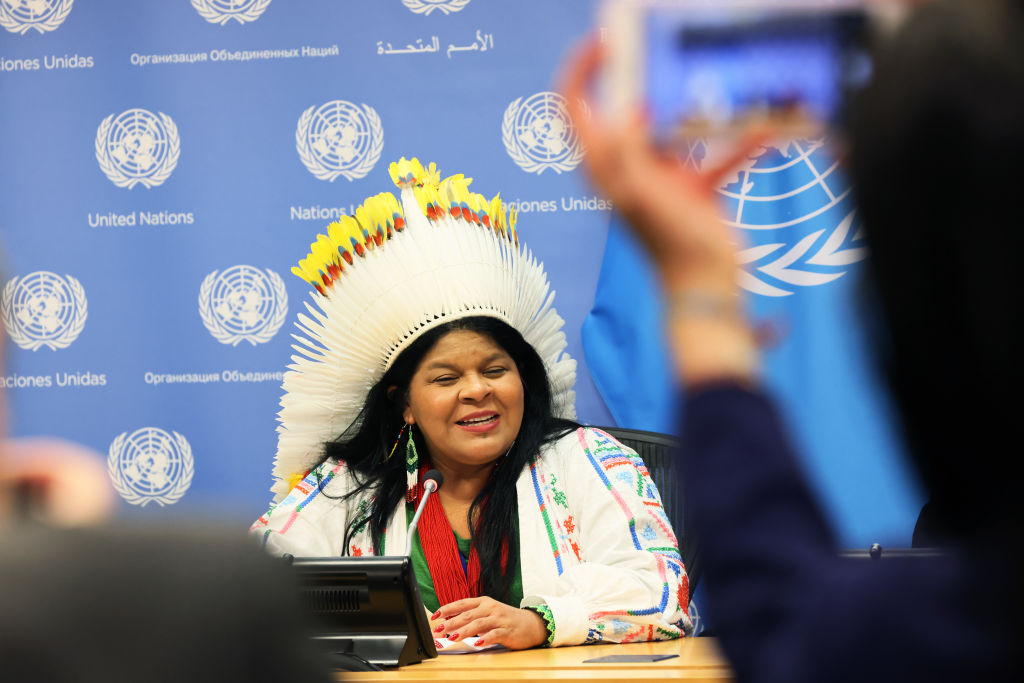 Brazil's Indigenous Peoples Minister Sonia Guajajara speaks during a forum in April at the United Nations headquarters (Michael M. Santiago/Getty Images)