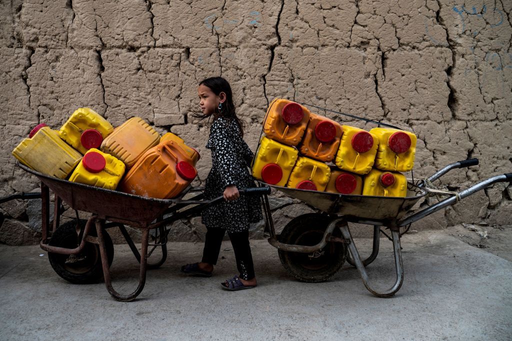 A wheelbarrow loaded with canisters to fetch drinking water supplied by a private firm in Dasht-e-Barchi, Kabul, this month (Wakil Kohsar/AFP via Getty Images)