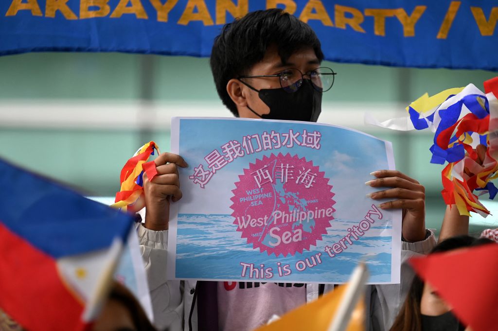 A demonstration at the Chinese Consulate in Makati, Metro Manila on 12 2023 to mark the seventh anniversay of an international arbitral ruling that voided China's historical claims to the South China Sea, including the nine-dash line (Jam Sta Rosa/AFP via Getty Images)