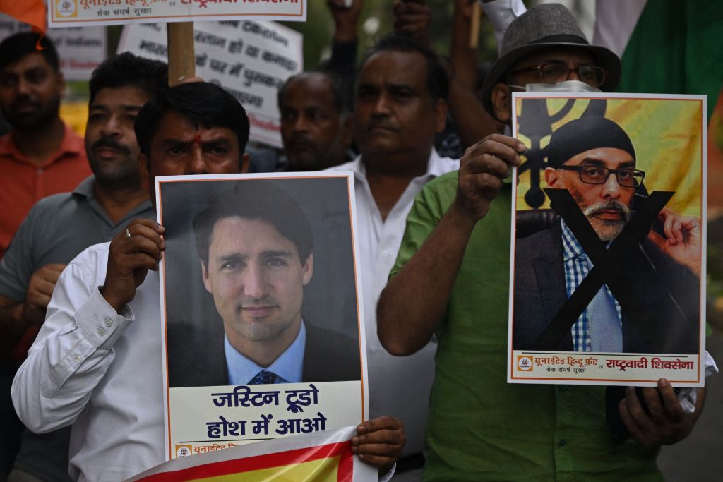 Demonstrations in New Delhi in September against Canadian PM Justin Trudeau after he claimed credible evidence of involvement of Indian officials in an assassination in Canada, as well as Sikh activist Gurpatwant Singh Pannun, later alleged to be the target of an assassination plot in New York (Arun Sankar/AFP via Getty Images)