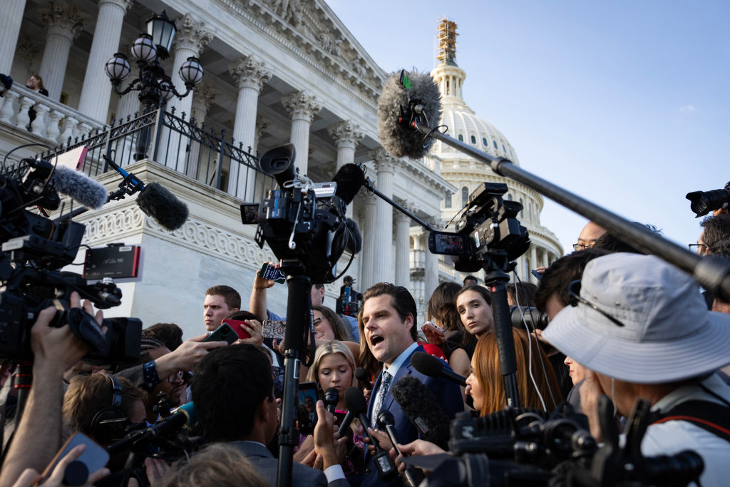 Republican Matt Gaetz speaks to reporters outside the US Capitol after Speaker of the House Kevin McCarthy was ousted, 3 October 2023 (Drew Angerer/Getty Images)
