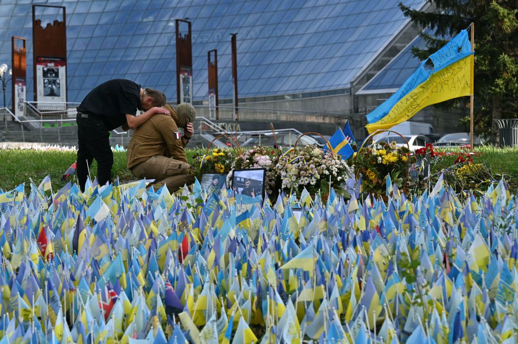 A memorial for fallen soldiers in Independence Square, Kyiv, on 30 October, amid the Russian invasion of Ukraine (Sergei Supinsky/AFP via Getty Images)