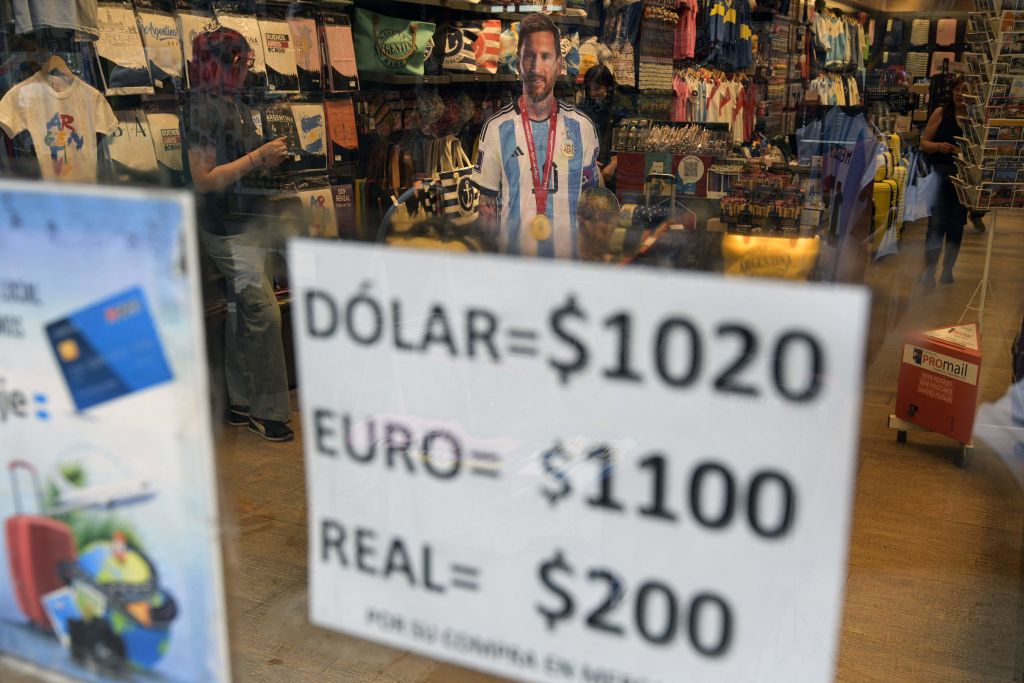 Exchange rates in Argentine pesos on display last week in Buenos Aires (Juan Mabromata/AFP via Getty Images)
