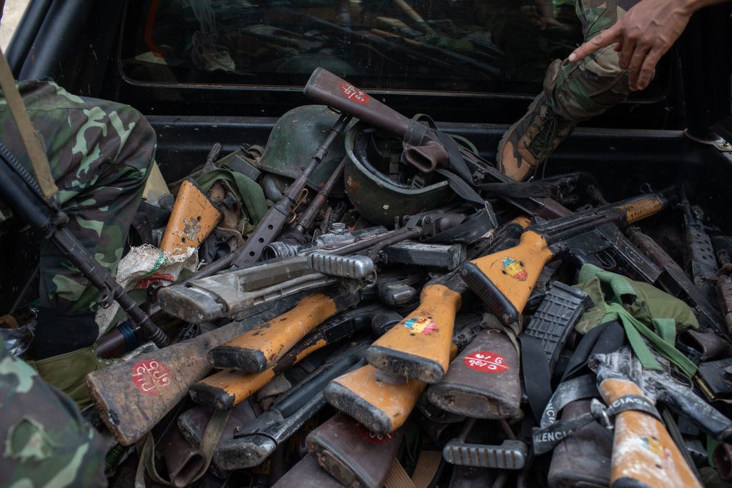 Military weapons said to be confiscated by an armed group in Loikaw, Karenni State, 14 November (Myo Satt Hla Thaw via Getty Images)