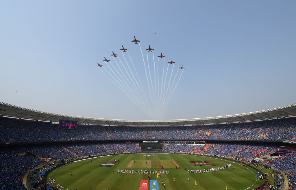 India's Suryakiran Acrobatic Team fly over Narendra Modi Stadium ahead of the ICC Men's Cricket World Cup final between India and Australia in Ahmedabad, India (Alex Davidson/ICC via Getty Images)