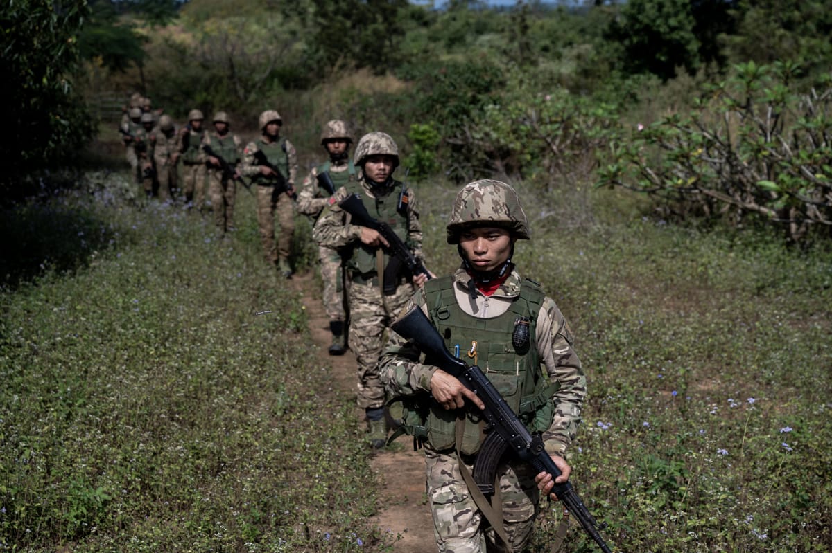 Members of the Mandalay People's Defence Forces (MDY-PDF) patrolling in northern Shan State (STR/AFP via Getty Images)