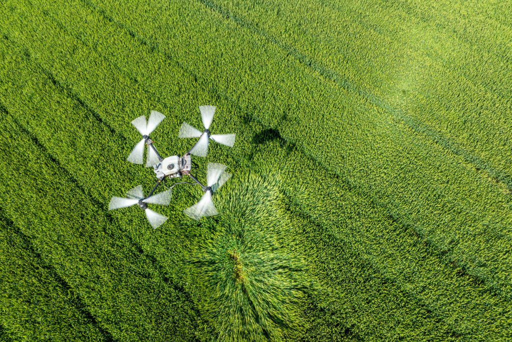 A display this month using drones to spray pesticides on crops in Kunshan, China (Costfoto/NurPhoto via Getty Images)