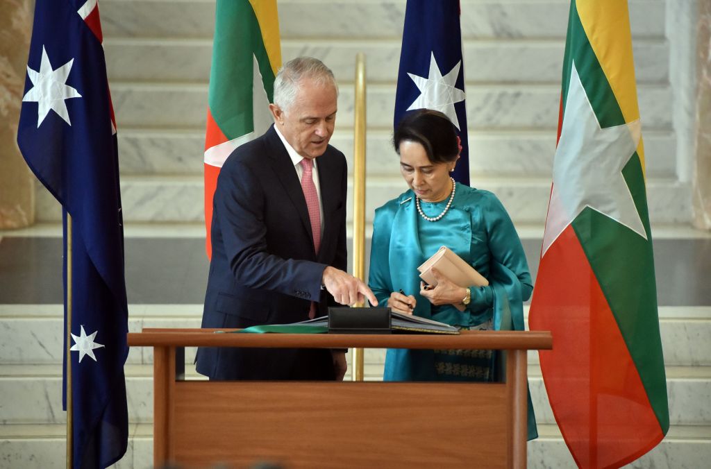 Aung San Suu Kyi, then Myanmar's State Counsellor, with Australia's then prime minister Malcolm Turnbull at Parliament House in Canberra, 19 March 2018 (Mark Graham/AFP via Getty Images)