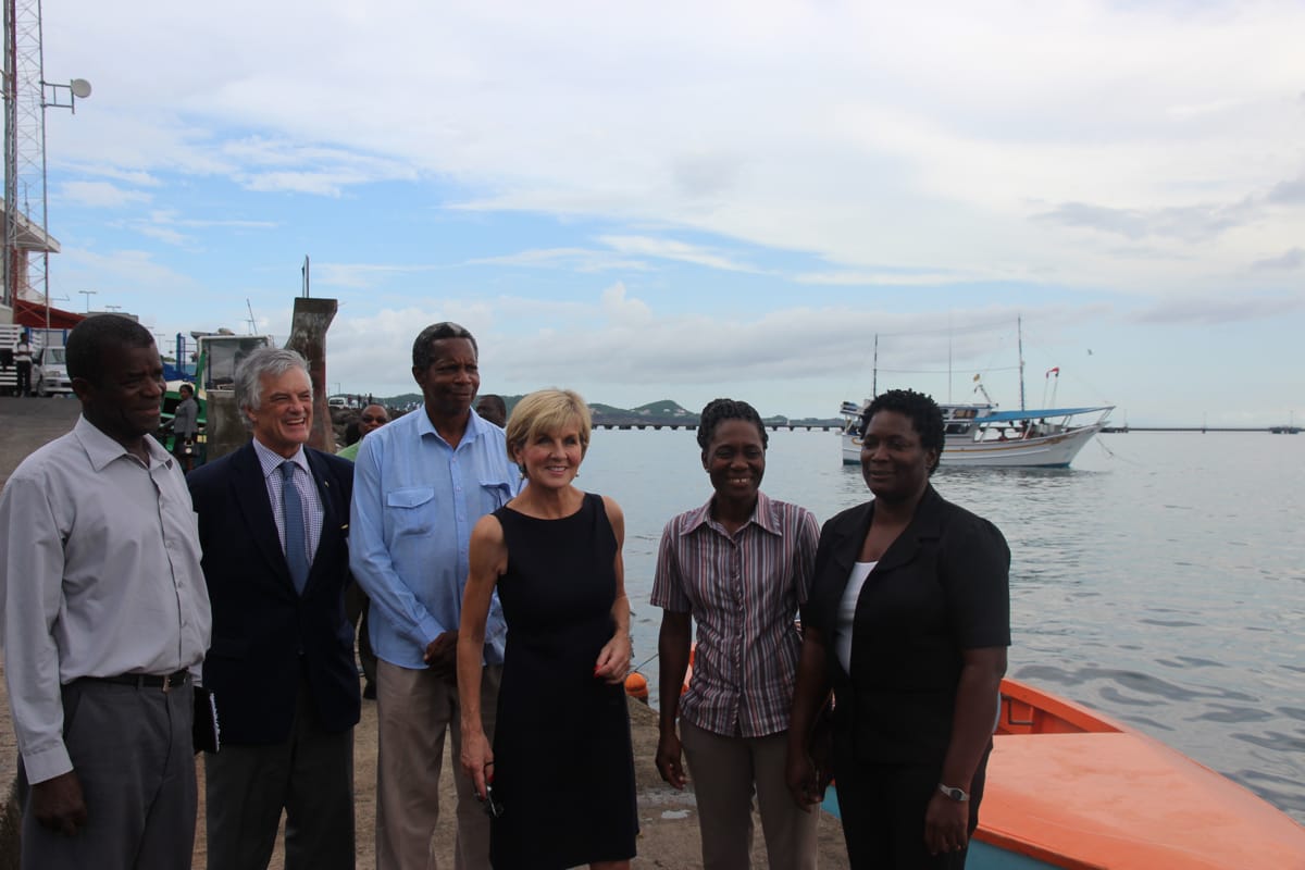 Julie Bishop, as foreign minister in 2017, visits Fisheries Wharf, St George’s, during a visit to Grenada (DFAT)