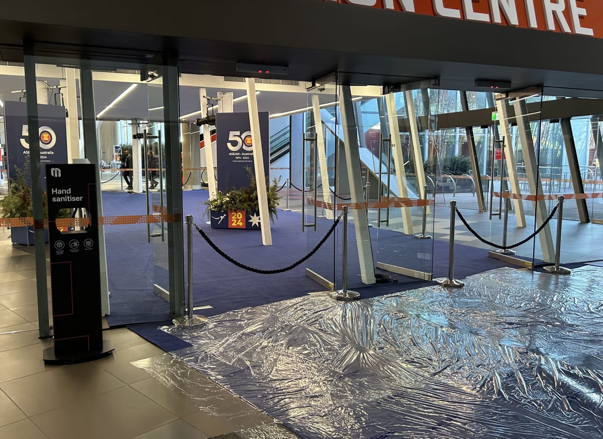 The VIP entry at the Melbourne Convention Centre, the plastic to protect the areas before the leaders' plenary on Wednesday