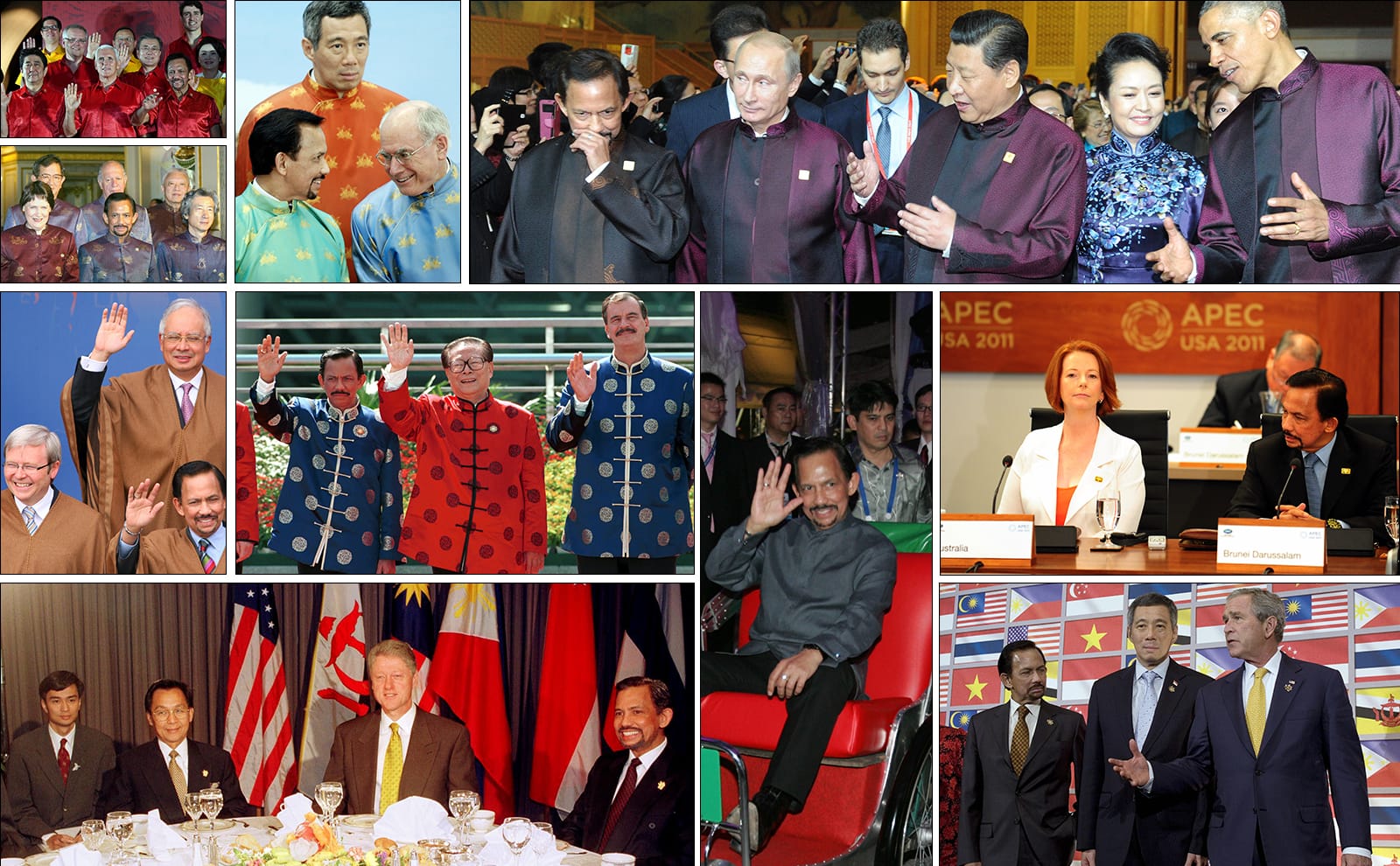 Sultan of Brunei Hassanal Bolkiah with regional leaders at APEC summits across the years (Getty Images)