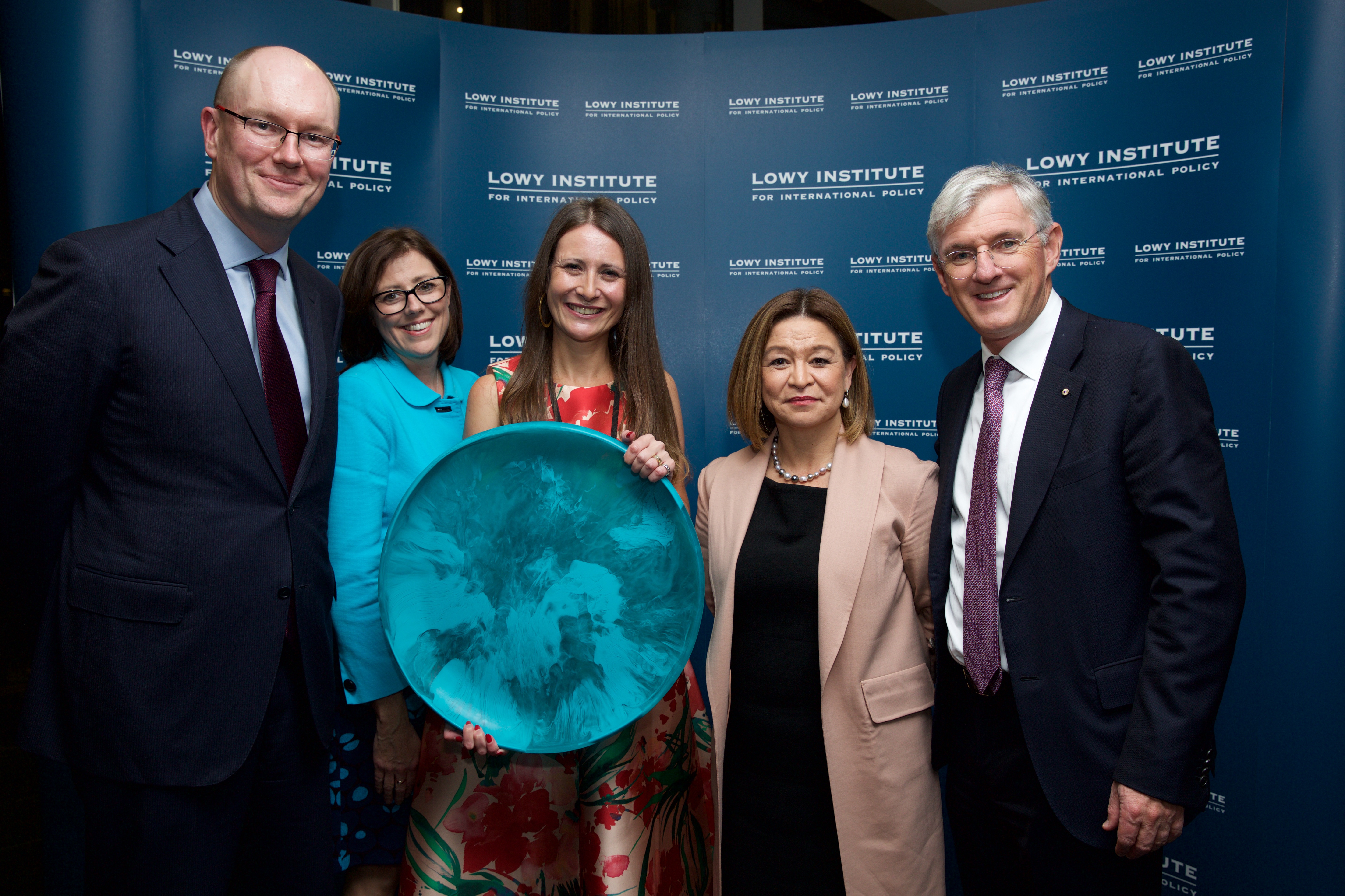 The 2016 Lowy Institute Media Award ceremony. From left to right: Michael Fullilove, Jane Anderson, Jewel Topsfield, Michelle Guthrie and Steven Lowy. 