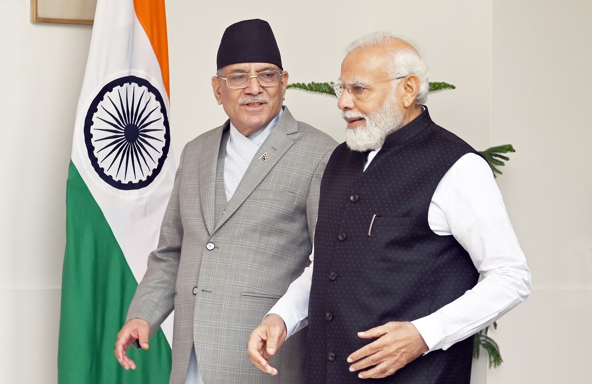NEW DELHI, INDIA JUNE 1: Prime Minister Narendra Modi with Prime Minister of Nepal Pushpa Kamal Dahal 'Prachanda' arrive for their meeting, at the Hyderabad House, on June 1, 2023 in New Delhi, India. India and Nepal on Thursday unveiled initiatives to ramp up cooperation in energy, including increasing import of hydropower and allowing power exports to Bangladesh, as Prime Minister Narendra Modi assured his Nepalese counterpart Pushpa Kamal Dahal of resolving a boundary dispute in the spirit of friendship. (Photo by Sanjeev Verma/Hindustan Times via Getty Images)