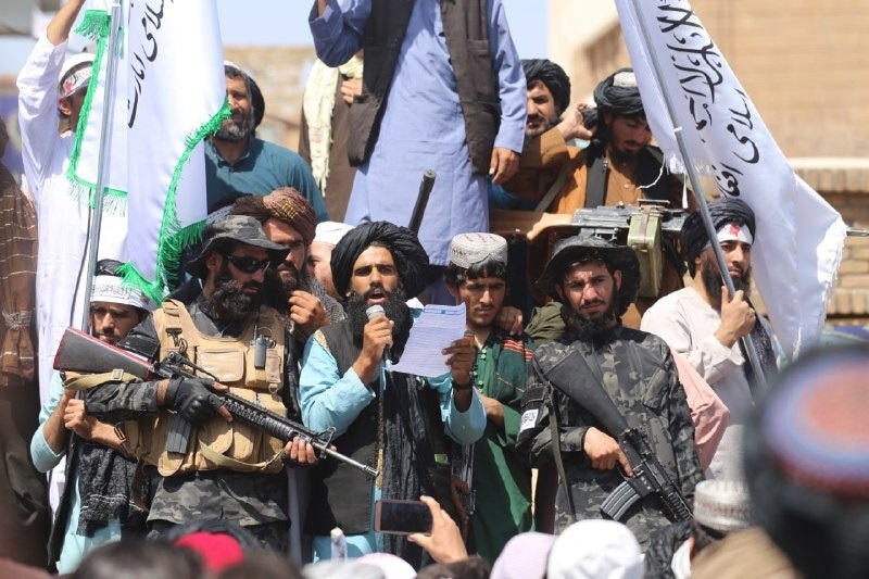 HERAT, AFGHANISTAN - AUGUST 31: Taliban members gather and make speeches in front of Herat governorate after the completion of the U.S. withdrawal from Afghanistan, in Herat, Afghanistan on August 31, 2021. (Photo by Mir Ahmad Firooz Mashoof/Anadolu Agency via Getty Images)