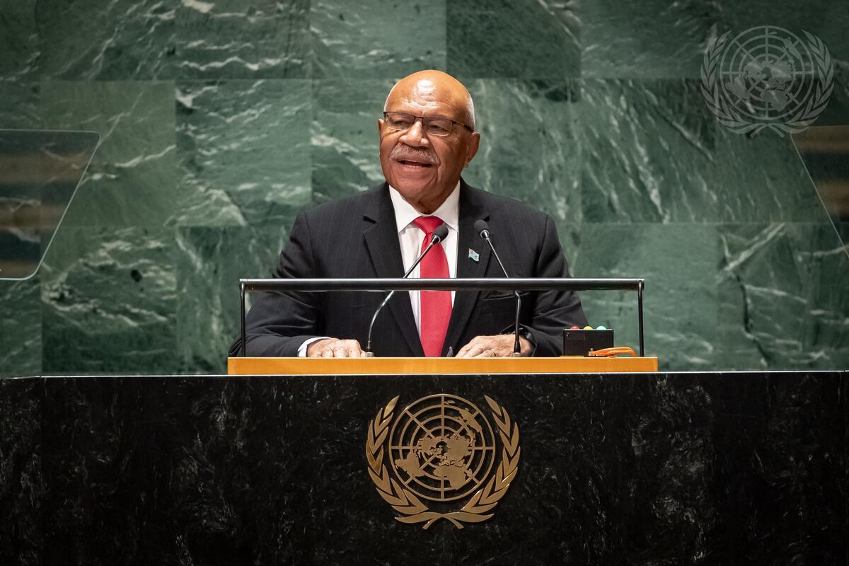 Fiji’s Prime Minister Sitiveni Rabuka addressing the UN General Assembly in September (Laura Jarriel/UN Photo)
