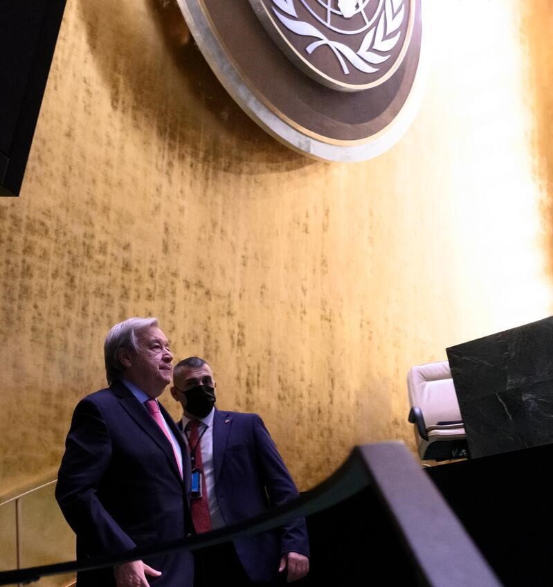 Secretary-General António Guterres (left) attends the opening of seventy-seventh session of the General Assembly Debate on Theme: “A watershed moment: transformative solutions to interlocking challenges”.