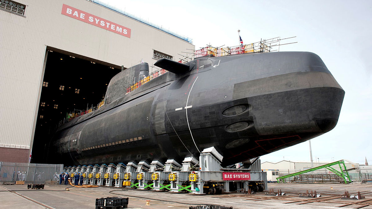 Moving an Astute-class nuclear-powered attack submarine from the BAE Systems construction hall at Barrow-in-Furness in the United Kingdom in 2014 (BAE Systems via Ministry of Defence under News Licence)