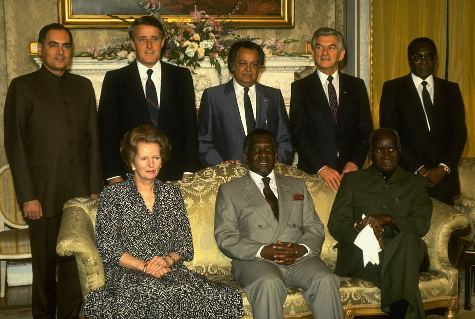 Commonwealth meeting on South Africa, 1986: Rajiv Gandhi, Brian Mulroney, S.S. Ramphal, Bob Hawke, Robert Mugabe, Margaret Thatcher, Lynden Pindling and Kenneth Kaunda