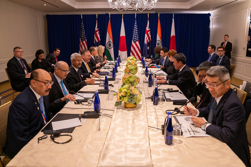 US Secretary of State Mike Pompeo hosts a Quad meeting with Australian Foreign Minister Marise Payne, Indian External Affairs Minister Subrahmanyam Jaishankar, and Japanese Foreign Minister Toshimitsu Motegi, at the Palace Hotel, New York, 26 September, 2019. Photograph courtesy Ron Przysucha/Flickr.