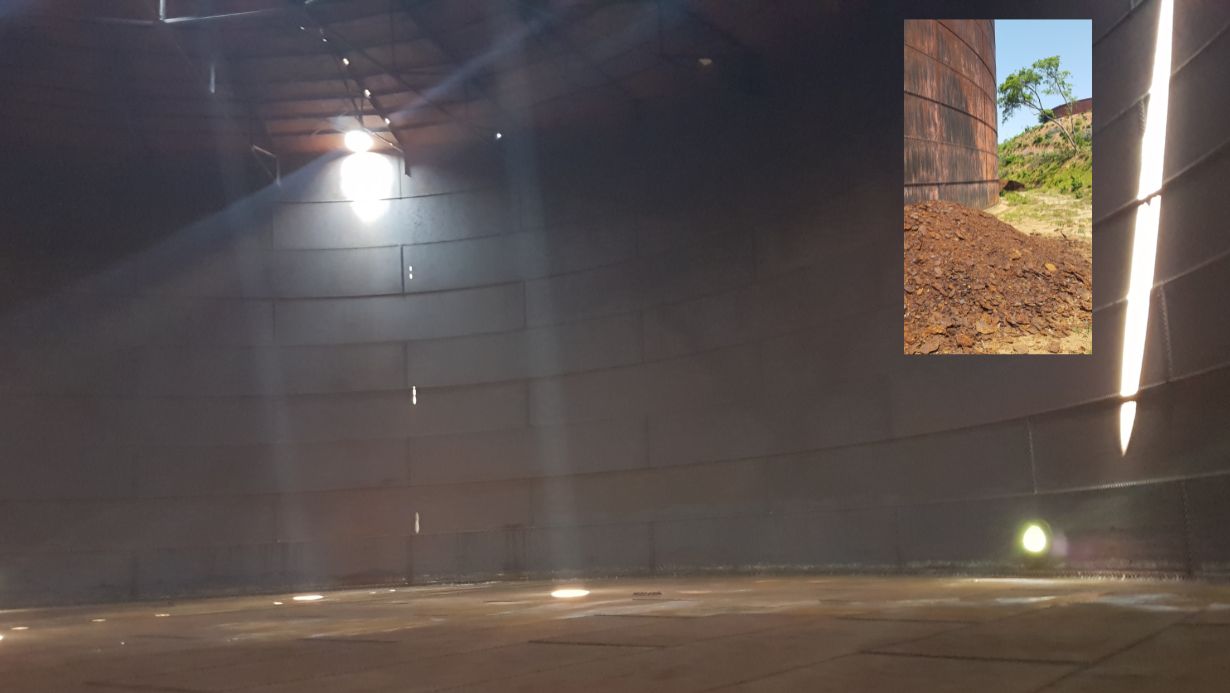Inside one of the giant oil tanks; insert, the view from outside (David Brewster)