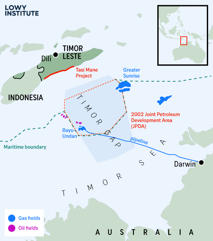 Map of Timor-Leste showing oil and gas reserves