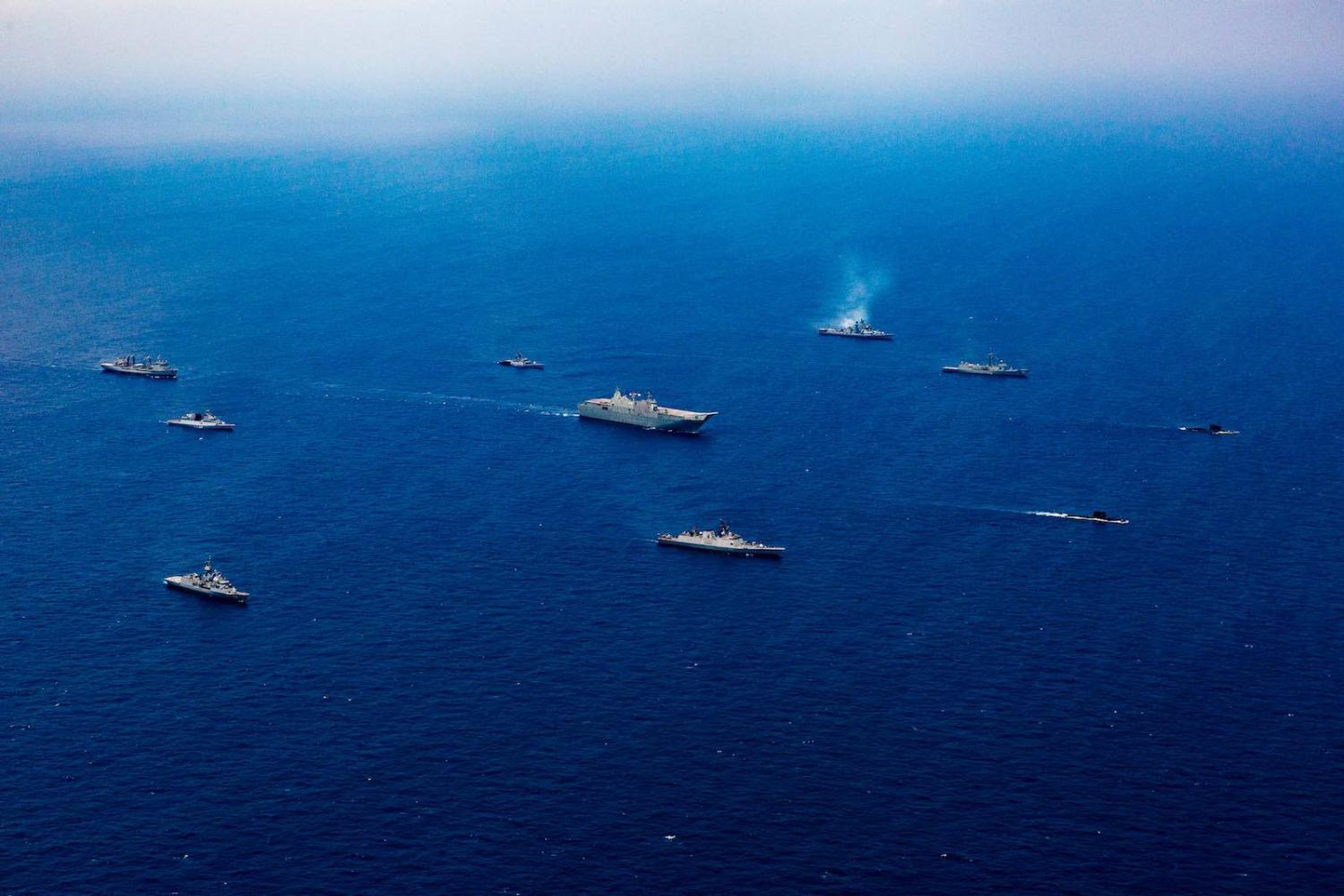 A task group of naval ships from Australia and India in formation in the Bay of Bengal during the sea phase of AUSINDEX 2019 (Department of Defence)