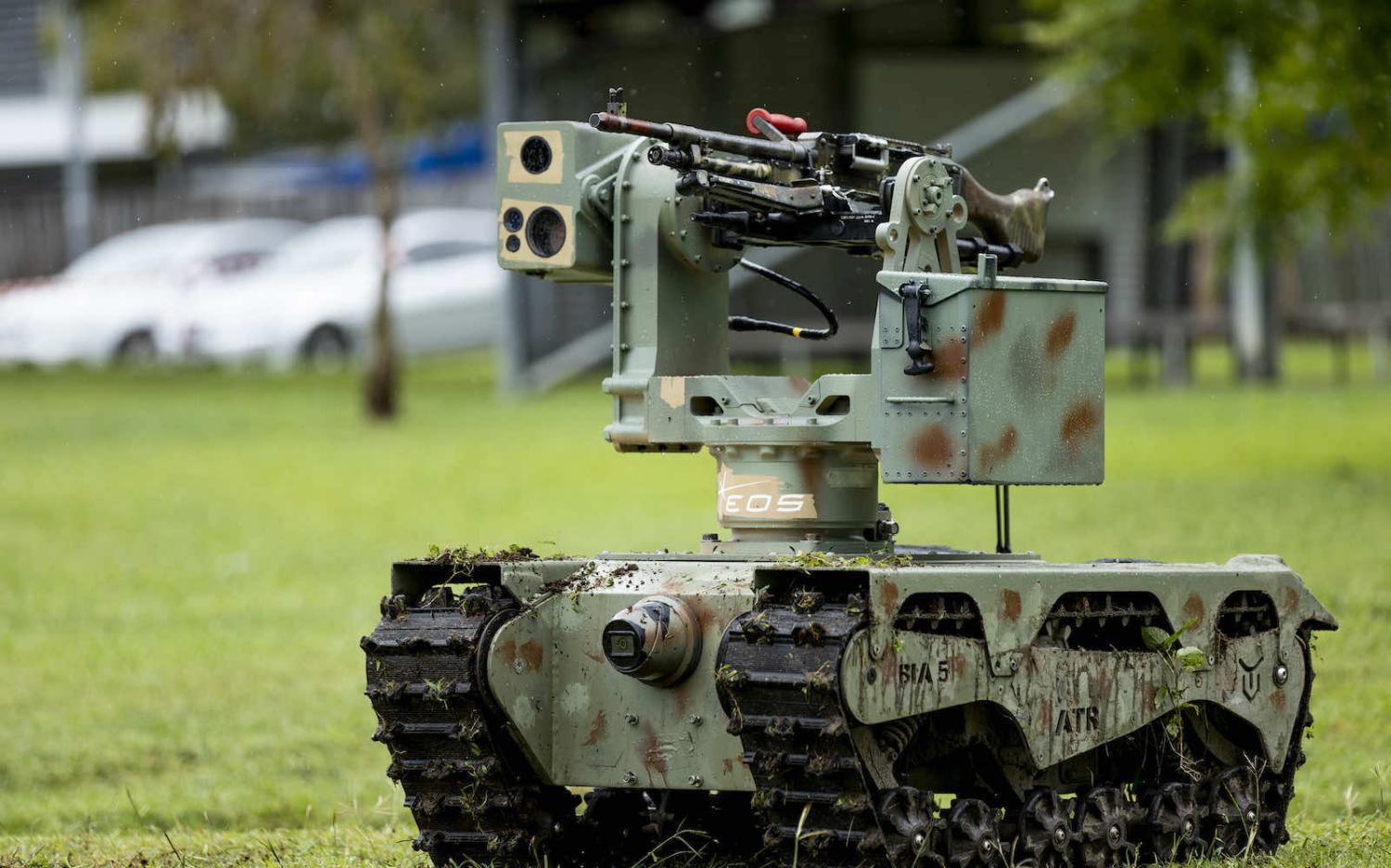 The Warfighter Unmanned Ground Vehicle by “Built In Australia 5” on display during a presentation of robotics and autonomous equipment at Lavarack Barracks on 19 February 2021 (Defence Department) 