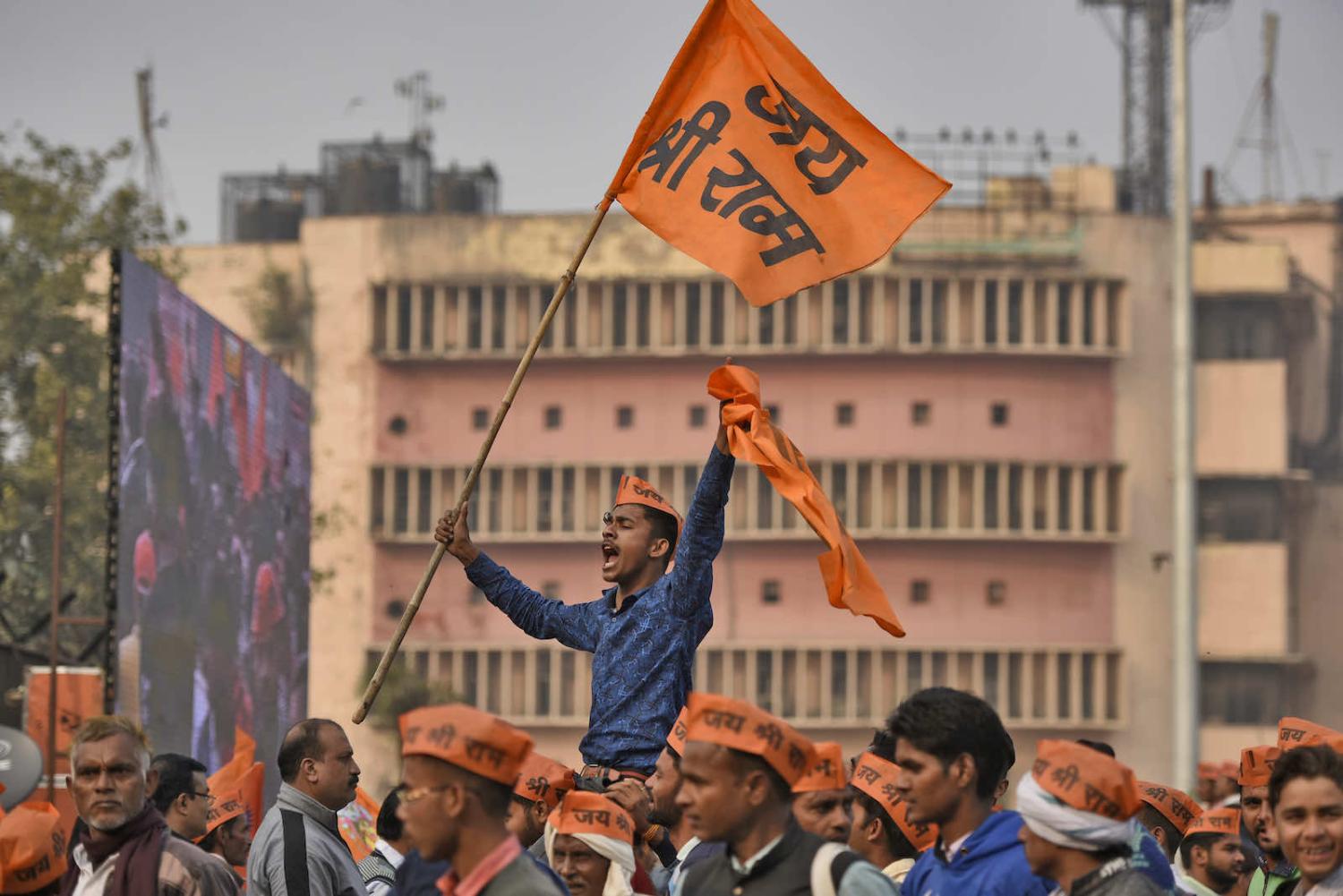 A rally by supporters of the Vishva Hindu Parishad, or VHP, a fundamentalist group currently working to uphold strict Hindu values in India (Burhaan Kinu/Hindustan Times via Getty Images)