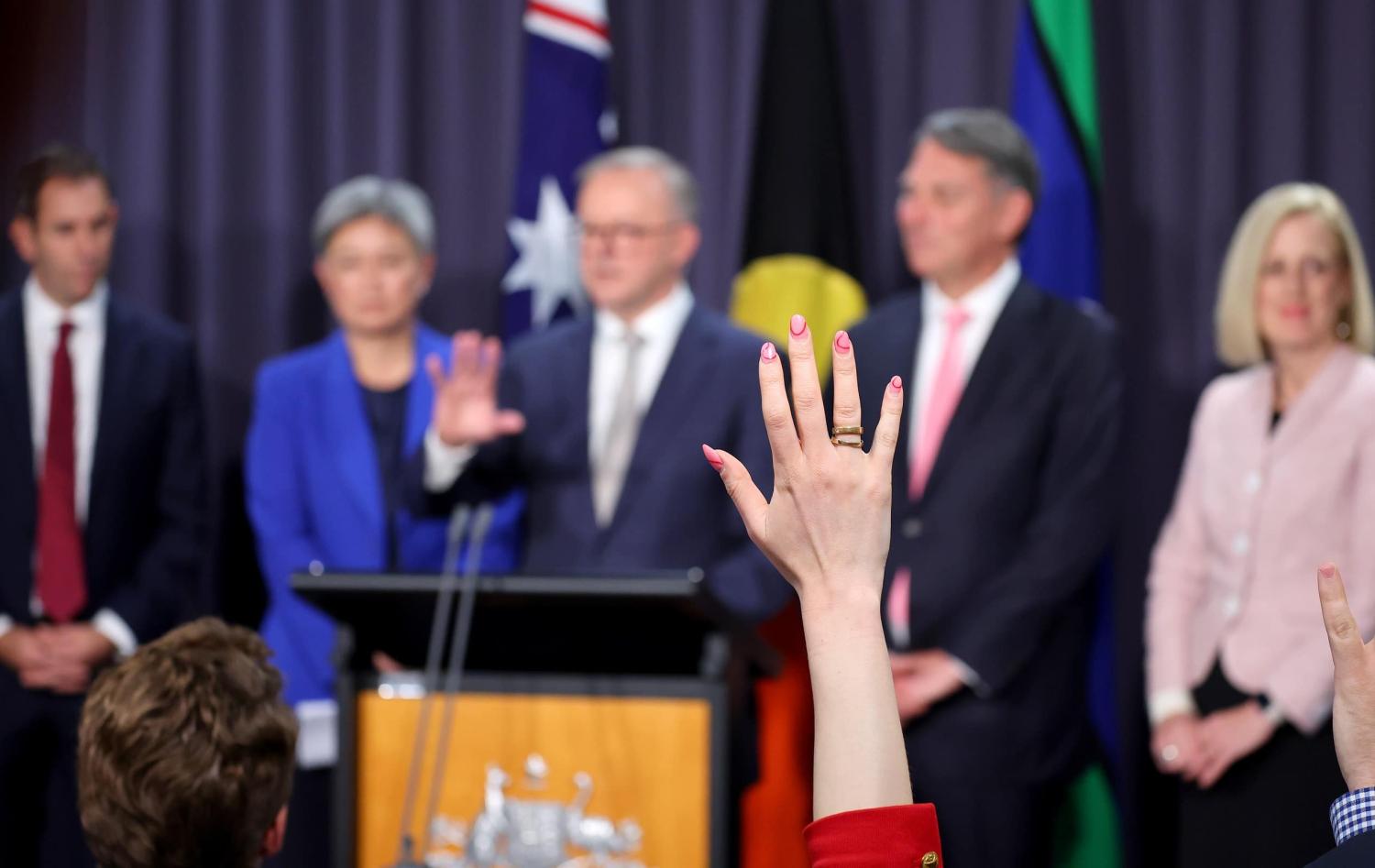 Prime Minister Anthony Albanese (C) speaks next to (L-R) Jim Chalmers, Penny Wong, Richard Marles and Katy Gallagher during a press conference at Parliament House, 23 May 2022 (David Gray/Getty Images)