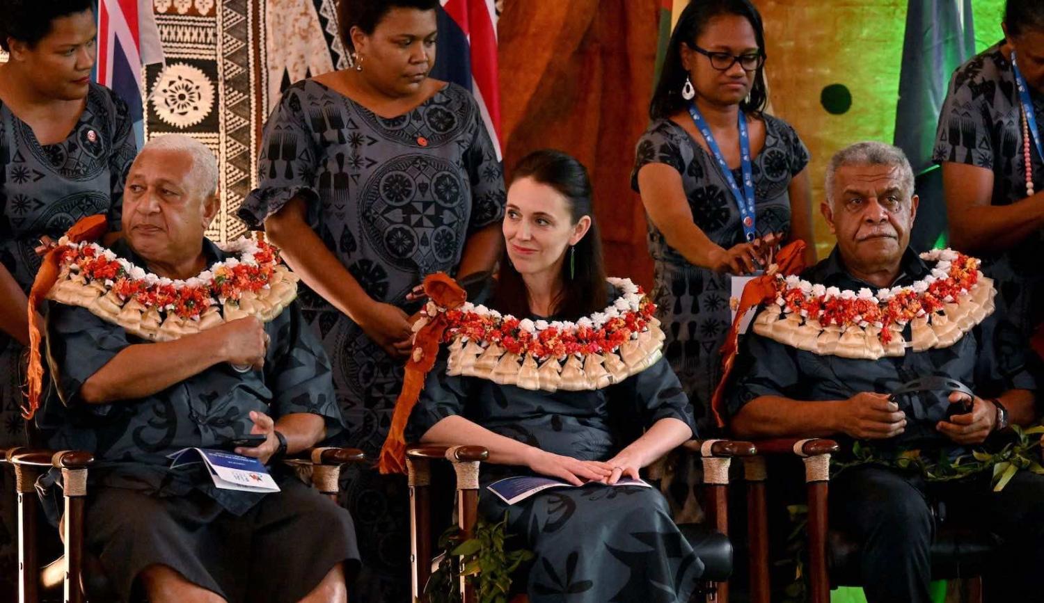 New Zealand’s Prime Minister Jacinda Ardern (centre, front) with Pacific conterparts at the launch of the 2050 Strategy at the Pacific Islands Forum in Suva on 14 July (William West/AFP via Getty Images)