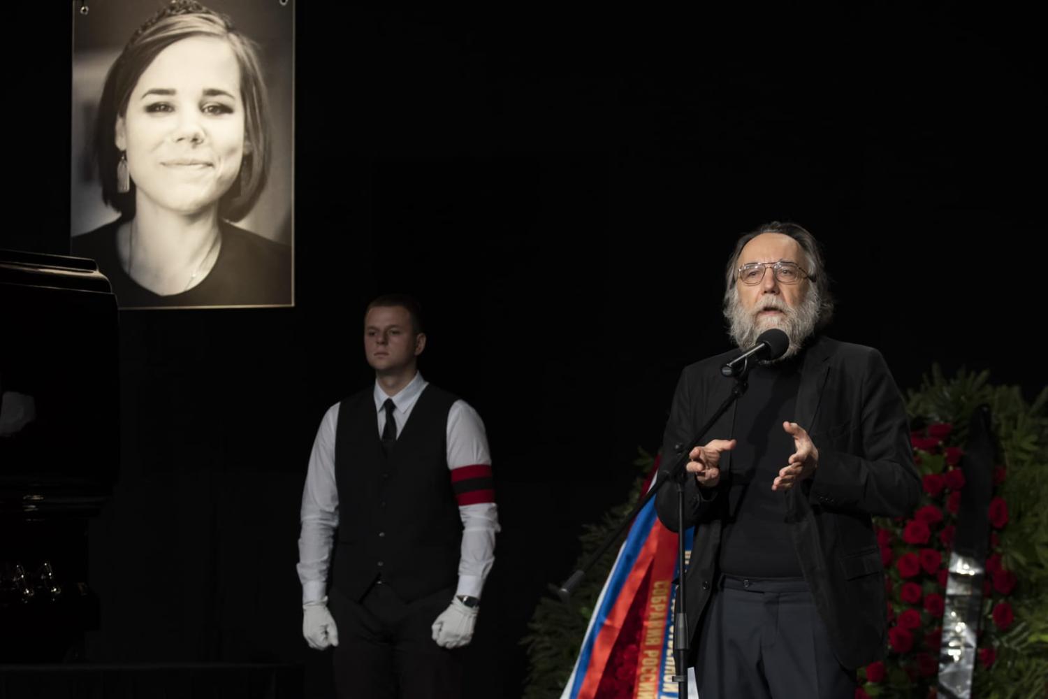 Aleksandr Dugin speaks at a funeral ceremony on 23 August in Moscow, Russia for his daughter Darya Dugina, killed in a car explosion on the outskirts of Moscow last month (Evgenii Bugubaev/Anadolu Agency via Getty Images)