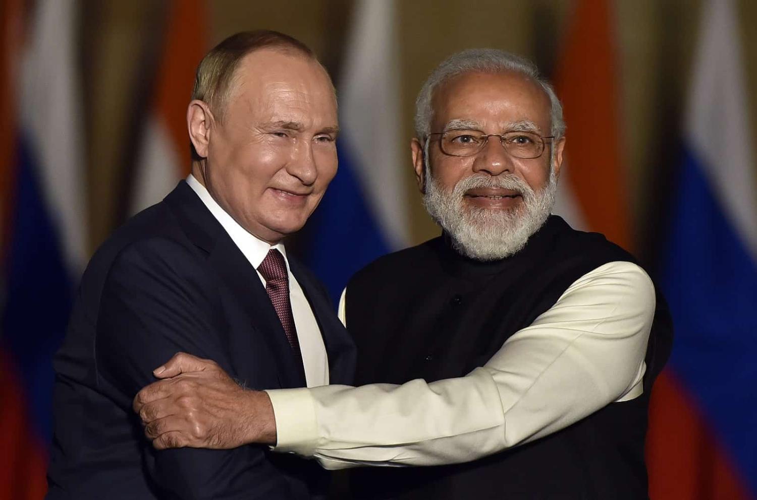 Russian President Vladimir Putin and Indian Prime Minister Narendra Modi at Hyderabad House, New Delhi (Sanjeev Verma/Hindustan Times via Getty Images)