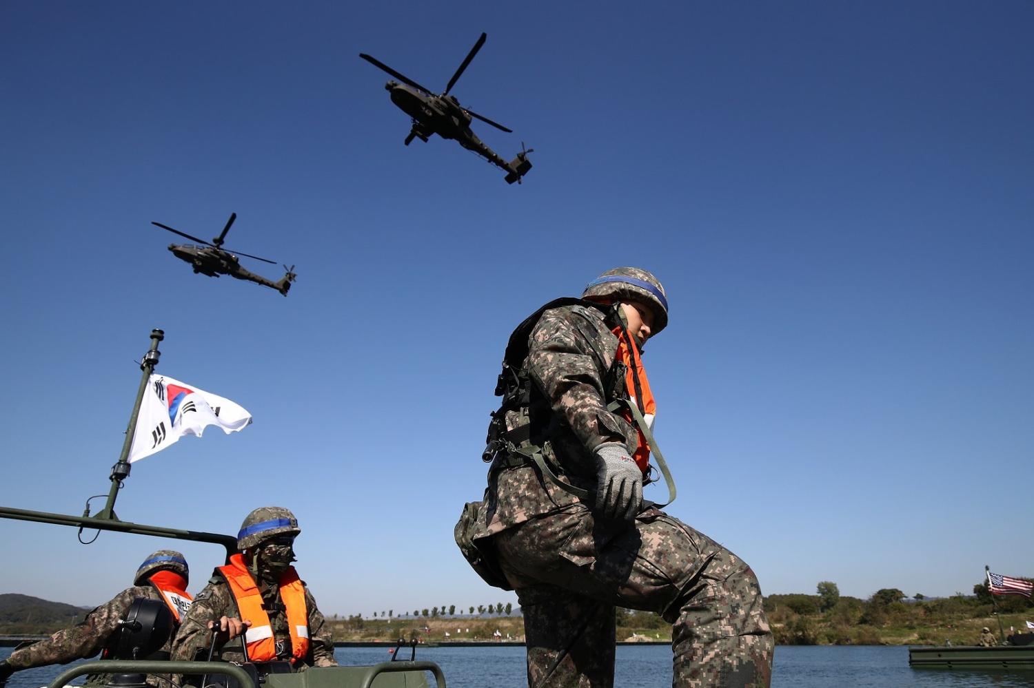 South Korean soldiers participate in a river crossing exercise with US soldiers on 19 October 2022 in Yeoju, South Korea (Chung Sung-Jun/Getty Images)