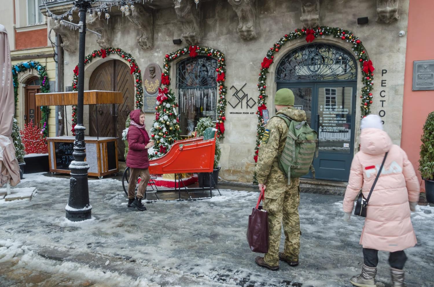 Christmas lights and ornaments on the streets in Lviv this month (Olena Znak/Anadolu Agency via Getty Images)