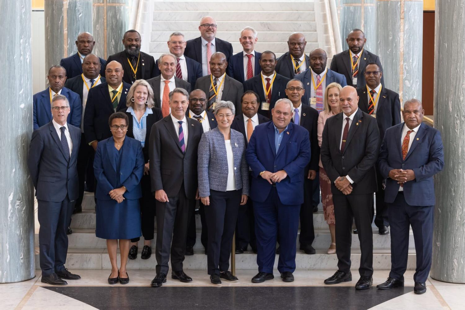 Foreign Minister Penny Wong with PNG counterpart Justin Tkatchenko (third from right, front) and assembled ministers in Canberra for the Australia-Papua New Guinea Ministerial Forum (DFAT)