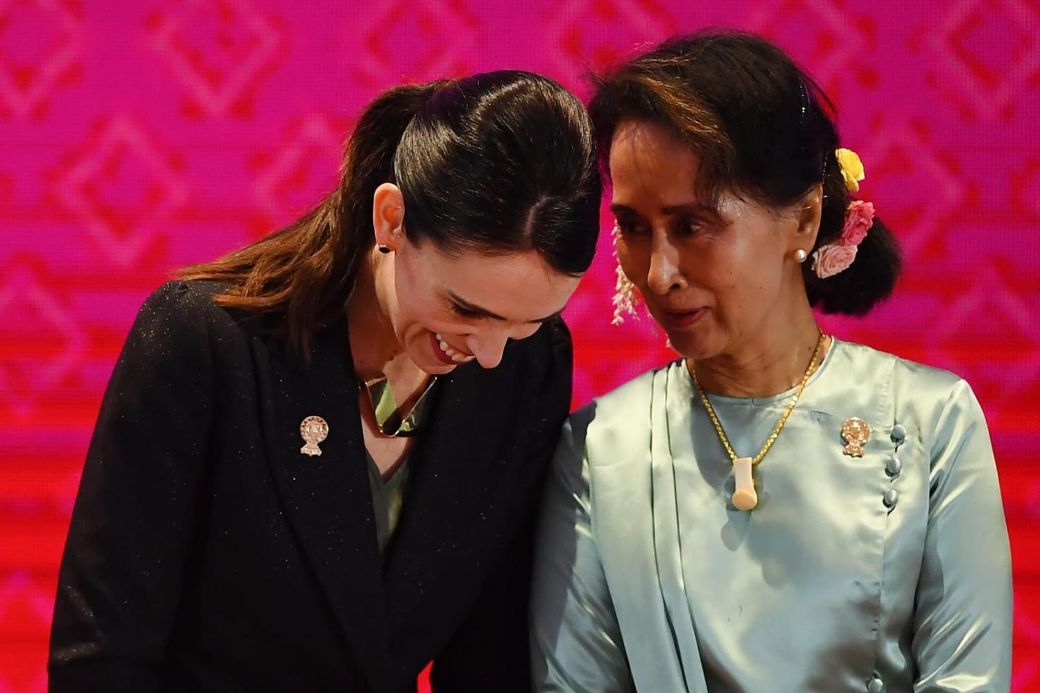 Then leaders: New Zealand's Prime Minister Jacinda Ardern alongside Myanmar's State Counsellor Aung San Suu Kyi during the 2019 East Asia Summit in Bangkok (Manan Vatsyayana/AFP via Getty Images)