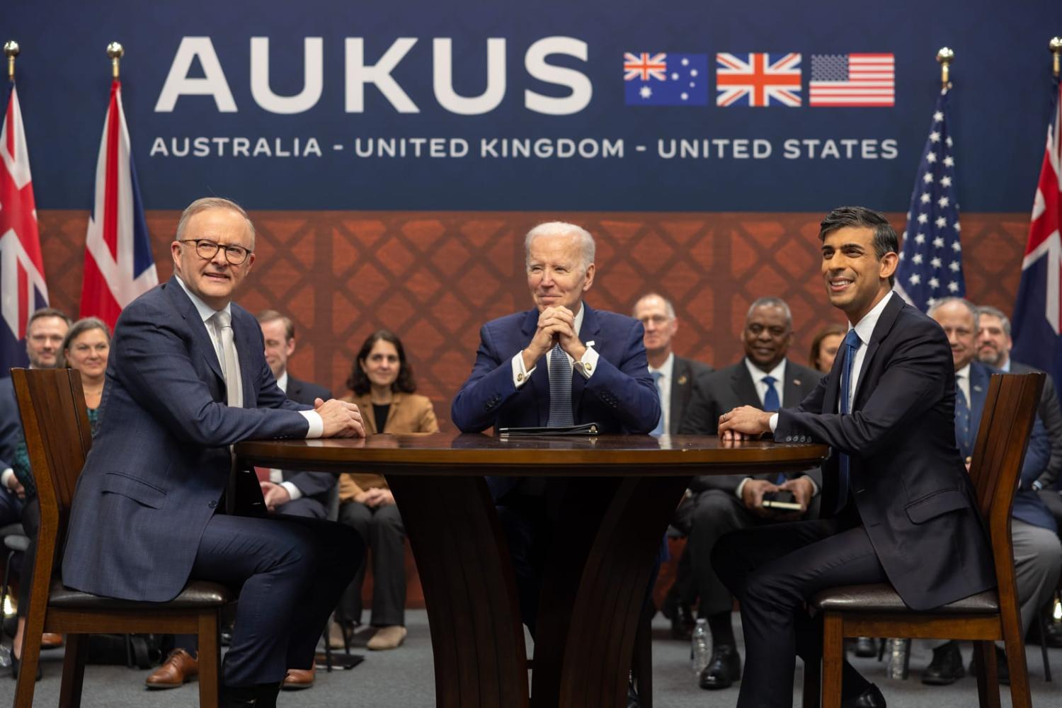 Anthony Albanese, Joe Biden and Rishi Sunak at the AUKUS announcement (Simon Walker/No 10 Downing Street)